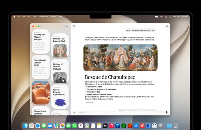 14-inch MacBook Pro in Space Black, screen shows Siri app displaying an active Siri AI conversation and previous conversations in sidebar.